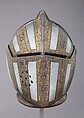 Close Helmet for Foot Combat, Attributed to the Master of the Castle Mark (Italian, Milan, active ca. 1590–1620), Steel, gold, leather, Italian, Milan