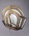 Close Helmet for Foot Combat, Attributed to the Master of the Castle Mark (Italian, Milan, active ca. 1590–1620), Steel, gold, leather, Italian, Milan