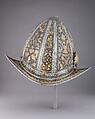 Pointed Morion, Steel, gold, brass, leather, Italian, Milan