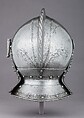 Burgonet, Decoration attributed to Ulrich Holzmann (German, Augsburg, recorded 1534–62), Steel, brass, leather, German, probably Augsburg