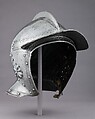 Burgonet, Decoration attributed to Ulrich Holzmann (German, Augsburg, recorded 1534–62), Steel, brass, leather, German, probably Augsburg