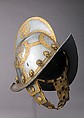 Morion for the Bodyguard of the Prince-Elector of Saxony, Steel, gold, brass, leather, German, Nuremberg