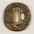 Sword guard (<i>Tsuba</i>) With Grapevines on Trellis Motif (葡萄棚図鐔), Inscribed by Hisanori (Japanese, active ca. 17th century), Brass, copper-gold alloy (shakudō), Japanese