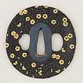 Sword guard (<i>Tsuba</i>) With Cherry Blossom Motif (桜図鐔), Copper-gold alloy (shakudō), gold, copper, Japanese