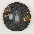 Sword Guard (Tsuba), Inscribed by Omori Teruhide (Japanese, Edo period, 1730–1798), Copper-gold alloy (shakudō), gold, copper-silver alloy (shibuichi), Japanese