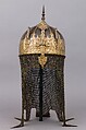 Helmet, Steel, brass, gold, textile, metallic thread, Indian, Mughal