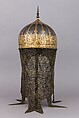Helmet, Steel, brass, gold, textile, metallic thread, Indian, Mughal