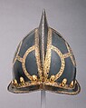 Morion for the Bodyguard of the Prince-Elector of Saxony, Steel, gold, brass, leather, textile, German, Nuremberg