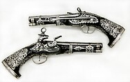 Pair of Miquelet Pistols, Francisco Pintan  Spanish or Mexican, Steel, wood (family leguminosae), silver, Colonial Spanish, probably Mexico