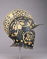 Burgonet, Steel, gold, pigment, brass, 
textile, German, Augsburg
