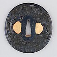 Sword guard (<i>Tsuba</i>) with Flower Basket Motif (花籠図鐔), Copper-gold alloy (shakudō), copper, gold, Japanese