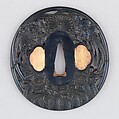 Sword guard (<i>Tsuba</i>) with Flower Basket Motif (花籠図鐔), Copper-gold alloy (shakudō), copper, gold, Japanese