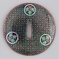 Sword Guard (Tsuba), Copper-gold alloy (shakudō), copper alloy (sentoku), lacquer, copper, shell (abalone), Japanese