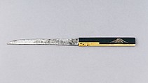 富嶽雲烟図小柄 Knife Handle (<i>Kozuka</i>) with Blade, 嵐山常行画 Ranzan Tsuneyuki (Japanese, active mid-19th century), Steel, copper-gold alloy (<i>shakudō</i>), gold, Japanese