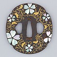 Sword Guard (Tsuba), Iron, mother-of-pearl, gold, copper, Japanese