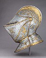 Close Helmet from a Garniture Made for a Member of the d'Avalos Family, Steel, gold, German, Augsburg