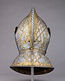Close Helmet from a Garniture Made for a Member of the d'Avalos Family, Steel, gold, German, Augsburg