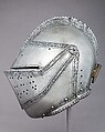 Close Helmet for the Tourney, Ornament copied from a design by Daniel Hopfer (German, Kaufbeuren 1471–1536 Augsburg), Steel, leather, brass, Austrian, Innsbruck