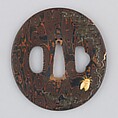 Sword Guard (Tsuba), Copper-gold alloy (shakudō), copper (mokume-gane); gold; silver, Japanese