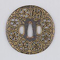Sword guard (<i>Tsuba</i>) Depicting Crests and Arabesques (家紋散唐草文鐔), Koike Izumi no Kami Naomasa (Japanese, active late 16th–early 17th century), Iron, brass, copper, Japanese