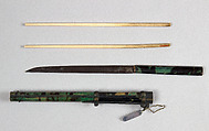 Knife with Sheath and Chopsticks (Trousse), Steel, wood, brass, ivory, Chinese