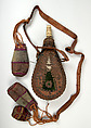 Powder Flask and Three Bullet Pouches, Leather, textile, brass, bone, Moroccan