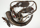 Powder Flask and Two Bullet Pouches, Horn, brass, leather, wool, Moroccan
