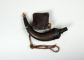 Powder Flask and Bullet Pouch, Horn, wood, leather, ivory, brass, textile, Cambodian