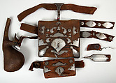 Ammunition Belt (Kamr) with Powder Flask and Two Pouches, Cowhide, steel, camel's intestine, Afghan