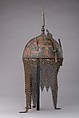 Helmet, Arm Guard, and Shield, Steel, pigment, lacquer, textile, Persian