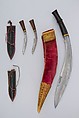 Knife (Kukri) with Two Sheaths, Two Small Knives, and Two Sharpening Pouches, Steel, horn, gold, leather, velvet, Indian or Nepalese, Gurkha