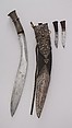 Knife (Kukri) with Sheath, Two Small Knives and Pouch, Steel, silver, wood, leather, Indian or Nepalese, Gurkha