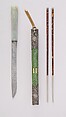 Knife with Sheath, Chopsticks, Picks, and Earspoon, Steel, jade, wood, silver, tortoiseshell, shark skin, ivory, Chinese