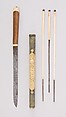 Knife with Sheath, Chopsticks, Pickle Spear and Picks, Steel, wood, ivory, silver, brass, leather, Chinese