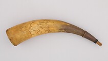 Powder Horn, Horn (cow), wood, brass, Colonial American