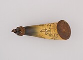 Powder Horn, Horn (cow), wood, cord, American