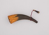 Powder Horn, A. Inman, Horn (cow), wood, cord, American