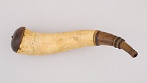 Powder Horn, Horn (cow), wood (applewood), brass, iron, American