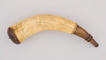 Powder Horn, Horn (cow), wood (applewood), brass, iron, American