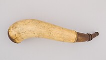 Powder Horn, Horn (cow), wood (applewood), brass, iron, American