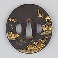 Sword Guard (Tsuba), Copper-gold alloy (shakudō), gold, copper, Japanese