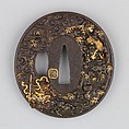 Sword Guard (Tsuba), Iron, gold, copper, copper-gold alloy (shakudō), Japanese