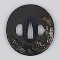 波濤に岩上鷹図大小鐔 Matching Pair of Sword Guards (<i>Daishō-tsuba</i>), Inscribed by 石黒政常 Ishiguro Masatsune (Japanese, 1760–1828), Copper-gold alloy (<i>shakudō</i>), copper-silver alloy (<i>shibuichi</i>), gold, copper, Japanese