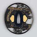 Sword Guard (Tsuba), Copper-gold alloy (shakudō), gold, copper, Japanese