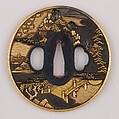 Sword Guard (Tsuba), Copper-gold alloy (shakudō), gold, copper, Japanese