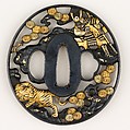 Sword Guard (Tsuba), Iron, copper-gold alloy (shakudō), silver, Japanese