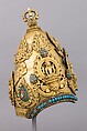 Vajracarya Priest's Crown, Copper, gold, turquoise, semi-precious stones, silver foil, Nepalese