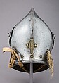 Close Helmet for the Tourney, Steel, brass, canvas, silk, German, Augsburg