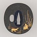 木賊兎図大小揃物 Fittings for a Pair of Swords (<i>Daishō Soroi-Mono</i>), Inscribed by 石黒政美 Ishiguro Masayoshi (Japanese, 1774–1862), Copper-gold alloy (<i>shakudō</i>), gold, silver, copper-silver alloy (<i>shibuichi</i>), copper, Japanese