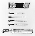 Hunting Knife with a Set of Implements (Trousse), Steel, silver, cowhorn, copper, leather, textile (velvet), German, possibly Bavaria
